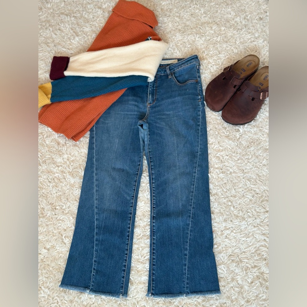 Anthro Pilcro and the Letterpress High Rise Flare Cropped Raw Hem Jeans Sz. 29
